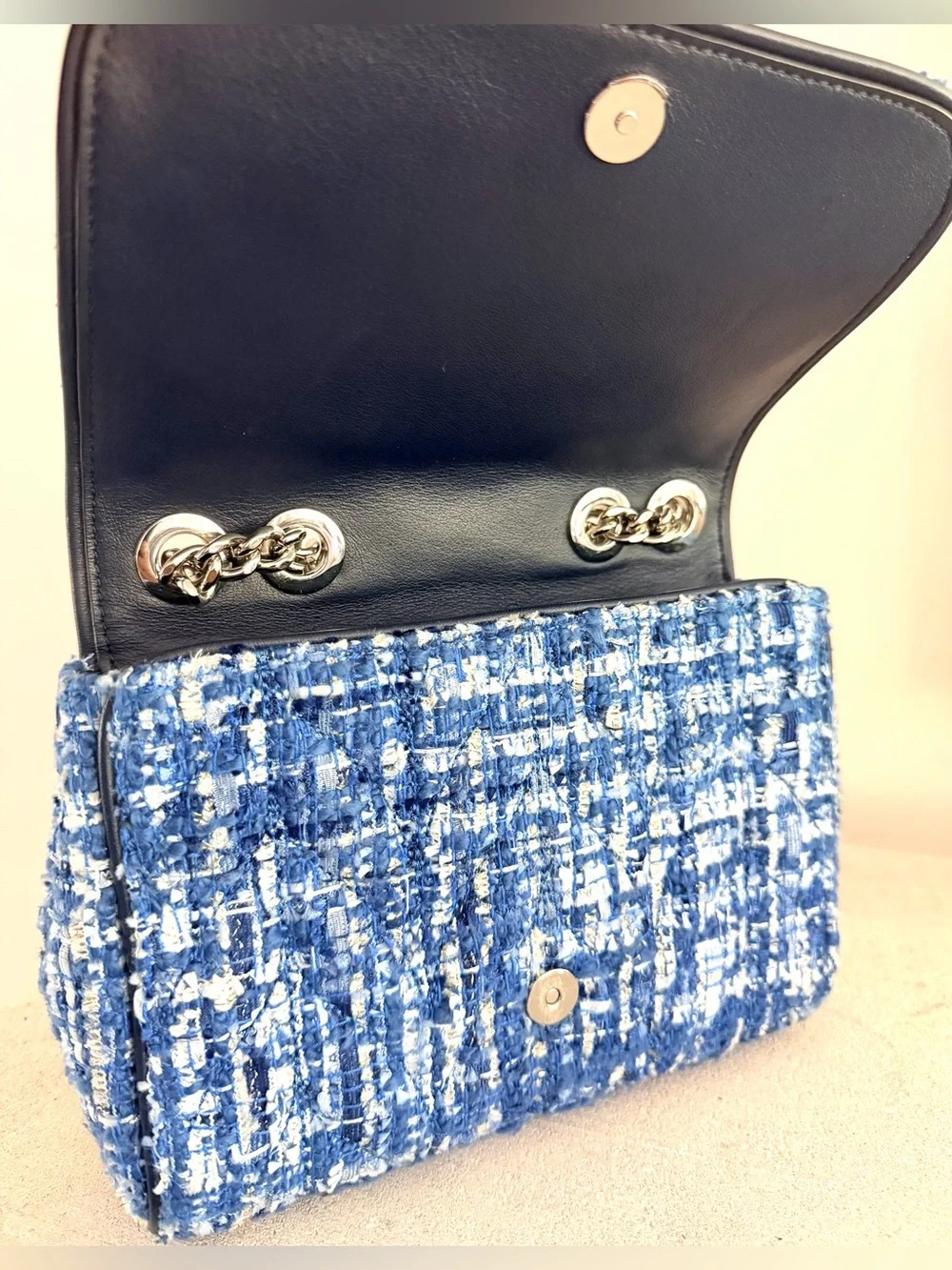 KATE SPADE Natalia Denim Tweed Medium Flap Chain Shoulder Crossbody Blue